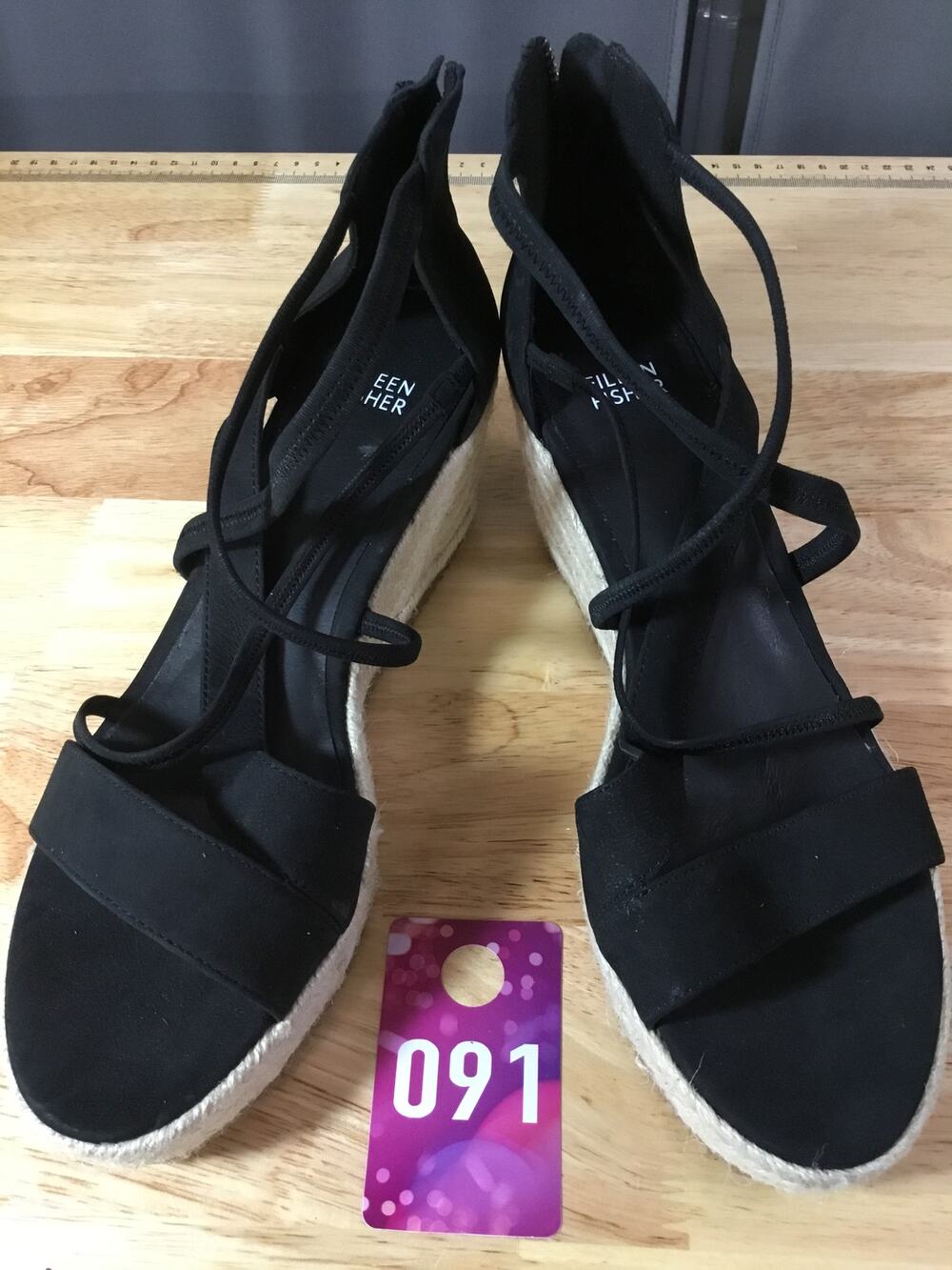 Eileen Fisher Wisp Women's 10 Black Ankle Strap Back Zip Espadrille Wedge Sandal